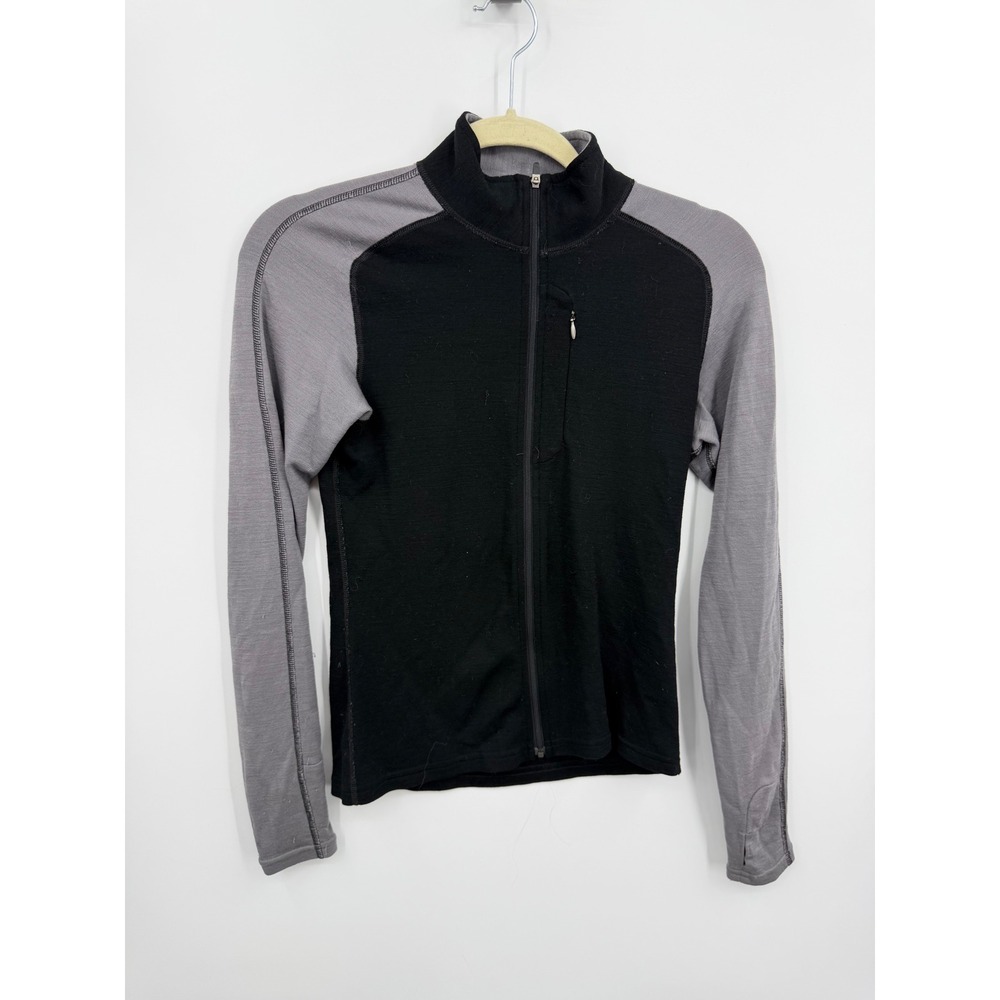 Ibex Merino Wool Full Zip Jacket Women S Black Grey Thumbholes Performance Layer
